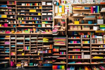 Shelves filled with colorful office supplies like pens, notebooks, and sticky notes. - obrazy, fototapety, plakaty