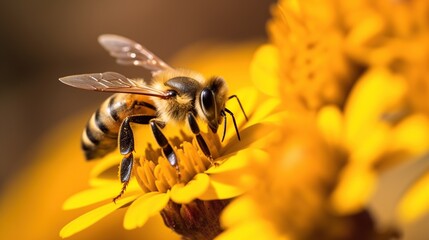 A bee is perched on a flower, sucking the nectar from the flower with a natural background