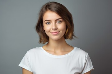 Fototapeta premium Portrait of a beautiful fictional young white woman with a pretty smile isolated on a plain background. Generative AI. 