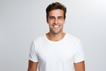 Fototapeta premium Handsome male model posing on a colored background in casual clothing. Generative AI.