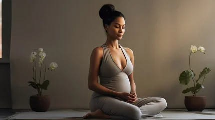  Charming pregnant african american woman in leggings and crop top sitting on floor in living-room in lotus posture with closed eyes, doing mudra sign with fingers, reaching zen, balance and harmony © mariiaplo