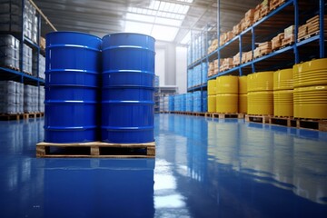 Blue drum on pallets filled with liquid chemicals in warehouse for customer delivery. Chemical production and industrial concept. Generative AI - obrazy, fototapety, plakaty