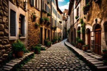 A narrow cobblestone alleyway in an ancient European town, lined with charming old buildings.