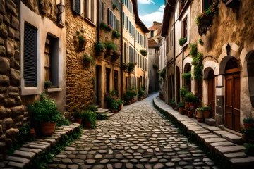 Photo sur Plexiglas Ruelle étroite A narrow cobblestone alleyway in an ancient European town, lined with charming old buildings.