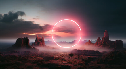 Abstract landscape with mysterious glowing circle in the air above rocky desert