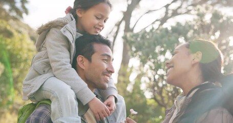 Happy family, smell and flower in nature for hiking, travel or adventure with fun and smile. Parents, girl on piggyback or peace in spring with holiday, vacation or exercise in countryside or outdoor