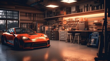 sports car garage complete with workshop equipment - obrazy, fototapety, plakaty
