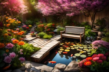 A tranquil backyard garden with colorful flowers, a wooden bench, and a small pond with koi fish.