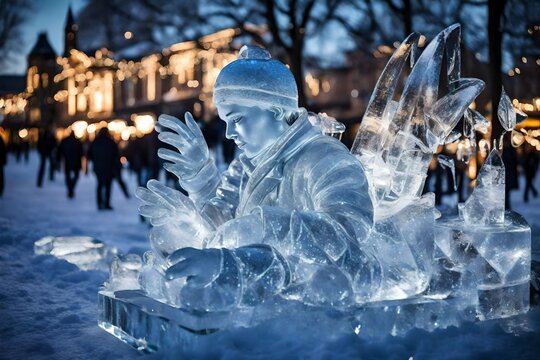 A glistening ice sculpture at a winter festival, reflecting the festive lights