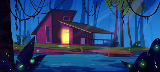 Wooden house near lake in night forest. Vector cartoon illustration of rustic hut with warm light in door, pier on dark water, lianas on tropical trees, neon green fireflies shimmering in darkness