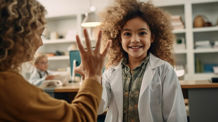 Obraz premium The pediatrician examines a little girl in a white coat and smiling. Generative AI