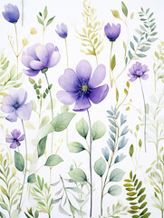 Obraz premium Modèle aquarelle sans couture avec fleurs sauvages éthérées, feuilles. Plantes sauvages, fleurs, branches. fond floral naturel. IA générative, IA