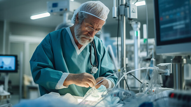 Doctor in surgery in the operating room with blue gown. Generative AI