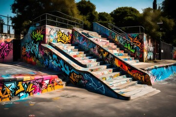 A skateboarding ramp covered in colorful graffiti art. - obrazy, fototapety, plakaty