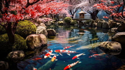 japanese garden in spring with koi fish