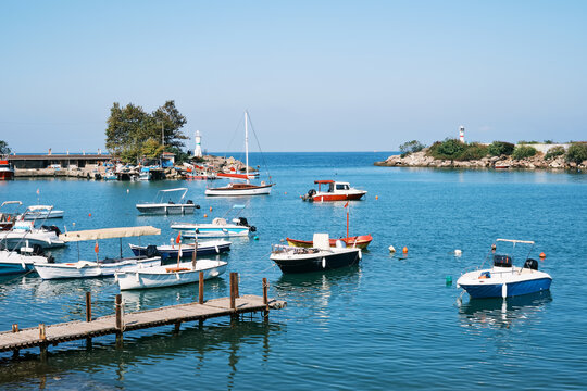 Fishing boats moored at Akcakoca harbor or marina in Duzce province, Turkey.