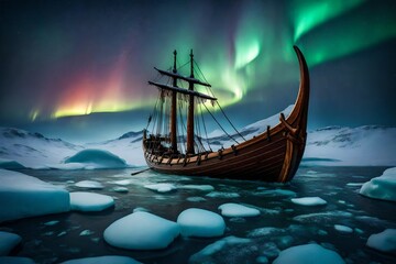 A Viking longship sailing through icy waters under the Northern Lights.