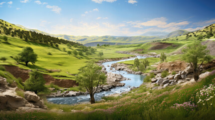 Naklejka premium landscape with river and mountains