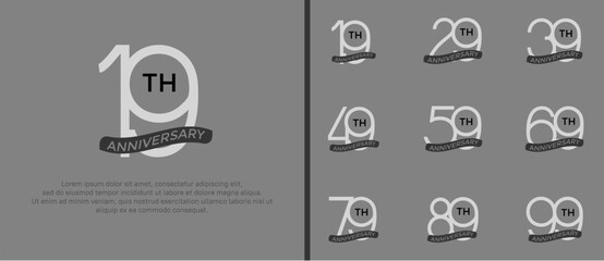 set of anniversary logo white color and black ribbon on gray background for celebration moment