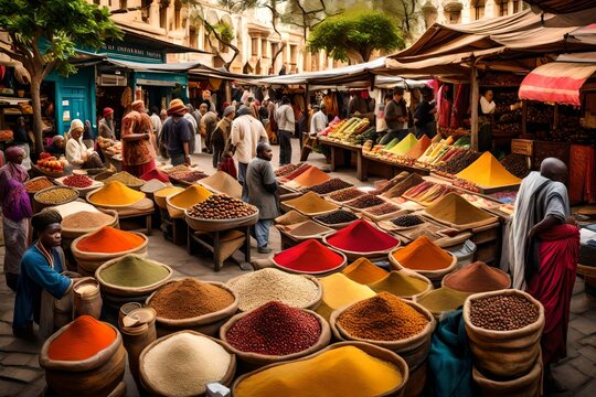 A bustling market square filled with vibrant stalls selling exotic goods and spices.