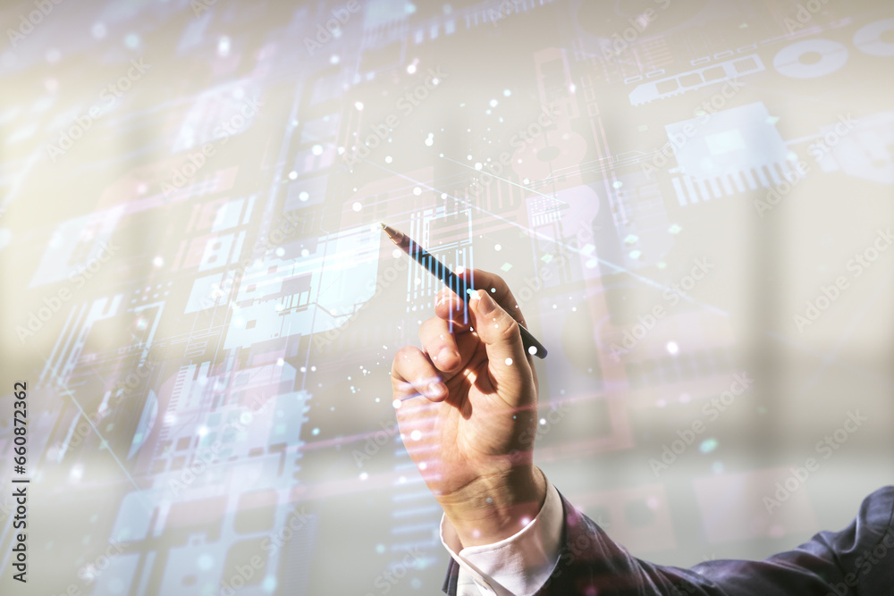 Fototapete Multi exposure of businessman hand with pen working with abstract graphic coding sketch on blurred office background, big data and networking concept