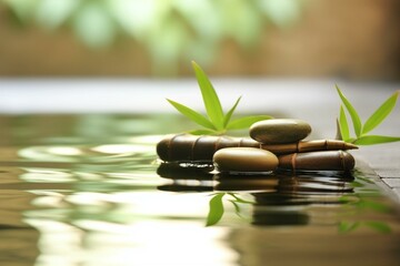 Zen ambiance with bamboo, stones, and water in a wellness spa. Feel relaxed and enjoy the soothing atmosphere. Generative AI