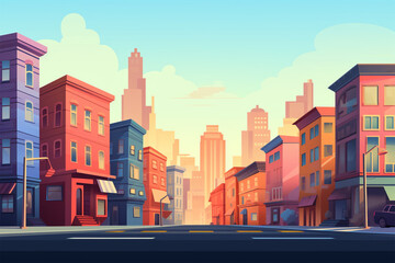 vector illustration of a view of city buildings on the side of the road - obrazy, fototapety, plakaty