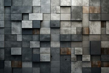 Abstract wall design with mosaic concrete tiles in a polished block formation, creating a square and glossy 3D render. Generative AI
