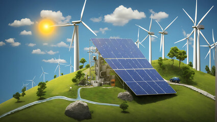 Modern Wind turbines and solar panels. Concept eco green renewable energy. Energy Saver, Generated with AI