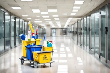 A janitorial cart with cleaning supplies in a corporate hallway.