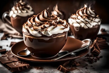 A steaming cup of rich  chocolate topped with a swirl of whipped cream and chocolate shavings