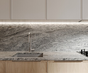 Modern kitchen design with natural stone top
- detail of interior with faucet and home appliances. 