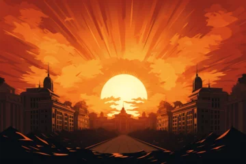 Poster vector illustration of the view of the sun shining behind the building © Yoshimura