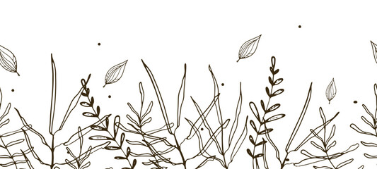 Obraz premium Leaves of various vintage plants. fern, botanical set with engraving, hand-drawn. vegetable organic set.