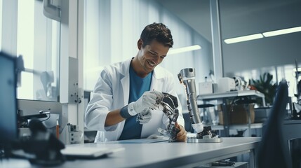 Fototapeta na wymiar Medical technology: Portrait of a young prosthetic technician holding a prosthetic part and checking the quality of the prosthetic leg and making adjustments while working in a modern laboratory.