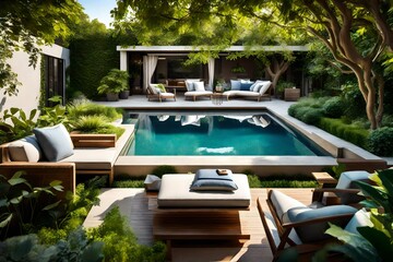 A backyard oasis with a swimming pool, lounge chairs, and lush greenery all around.