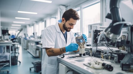 Fototapeta na wymiar Medical technology: Portrait of a young prosthetic technician holding a prosthetic part and checking the quality of the prosthetic leg and making adjustments while working in a modern laboratory.