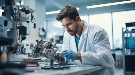 Medical technology: Portrait of a young prosthetic technician holding a prosthetic part and checking the quality of the prosthetic leg and making adjustments while working in a modern laboratory.