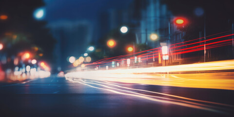 Fototapeta na wymiar Abstract blurred night street lights background. Defocused image of a city street at night. 