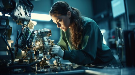 Fototapeta na wymiar Medical technology: Portrait of a young prosthetic technician holding a prosthetic part and checking the quality of the prosthetic leg and making adjustments while working in a modern laboratory.