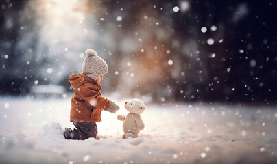 Christmas and new year card with happy child in magical winter snow fall miracle with his teddy bear. Cute baby boy is on magical winter background with christmas landscape and falling snow.
