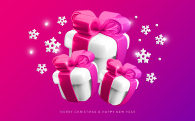 Merry Christmas and Happy New Year neon background. Vector 3d gifts and snowflakes greeting banner. Falling present boxes, snow on vibrant colorful gradient background. 3d render Xmas illustration