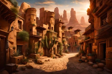 Fotobehang An ancient desert city with intricate sandstone architecture and narrow winding streets. © Tae-Wan