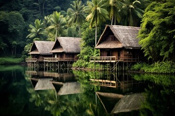 Fototapeta na wymiar A tranquil island adorned with cozy huts amidst lush greenery. Generative AI