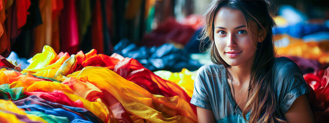Vibrant portrayal of a hardworking young silk vendor at a traditional Southeast Asian market. - obrazy, fototapety, plakaty