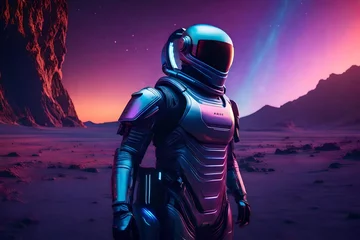 Schilderijen op glas A half-body model in a sleek, futuristic spacesuit, standing on the surface of a distant alien planet with surreal landscapes. © Tae-Wan