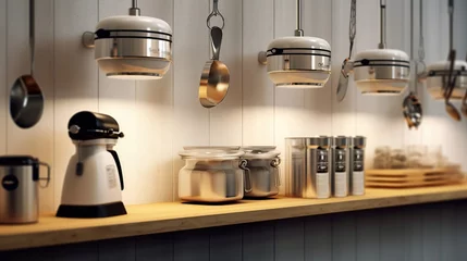 Fotobehang Kitchen equipment neatly arranged, minimalist order © Beny