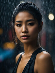 Woman in a Black Dress Standing Gracefully in the Pouring Rain with Her Tresses Tied Back