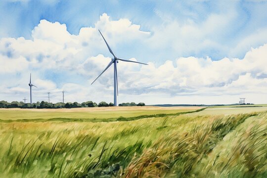 A watercolor painting of a wind turbine on a green field in summer. Generative AI