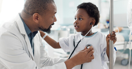 Doctor, patient and child with stethoscope, hospital and check up for health, breathing and...